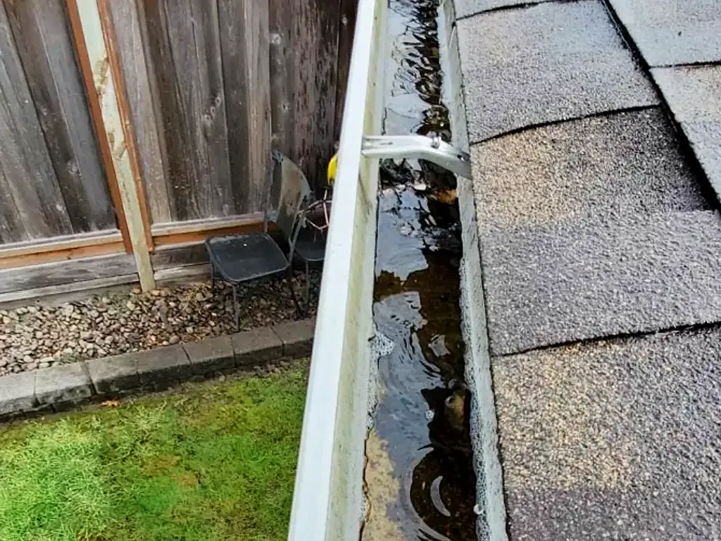 Freshly cleared white gutter on a shingle roof above a fenced backyard